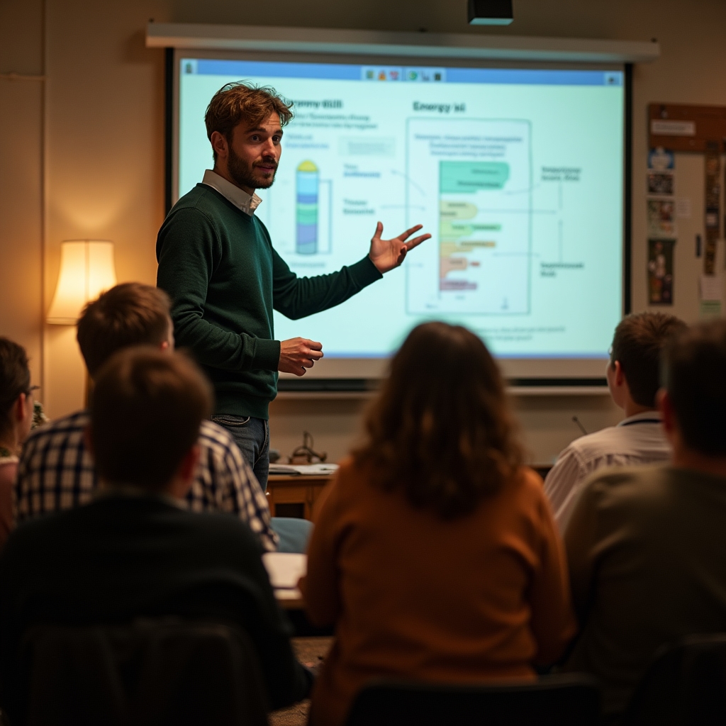 Educatore energetico che spiega concetti di risparmio a un gruppo di persone